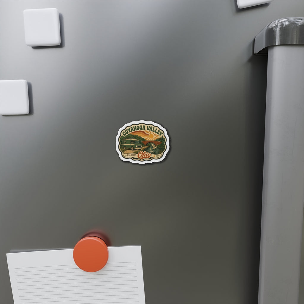 Die-cut fridge magnet on a refrigerator door with Cuyahoga Valley artwork and Ohio text.
