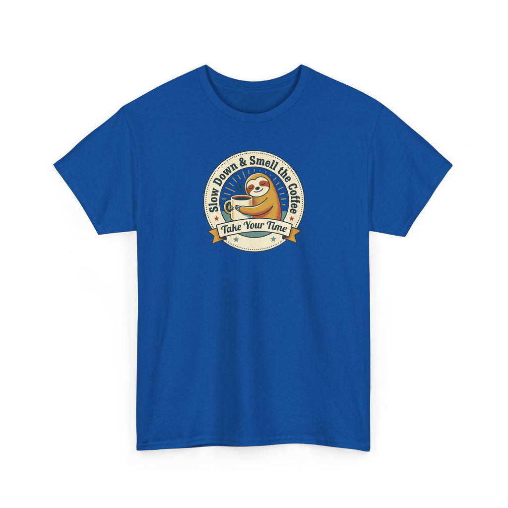 Royal blue T-shirt with coffee sloth emblem graphic on chest