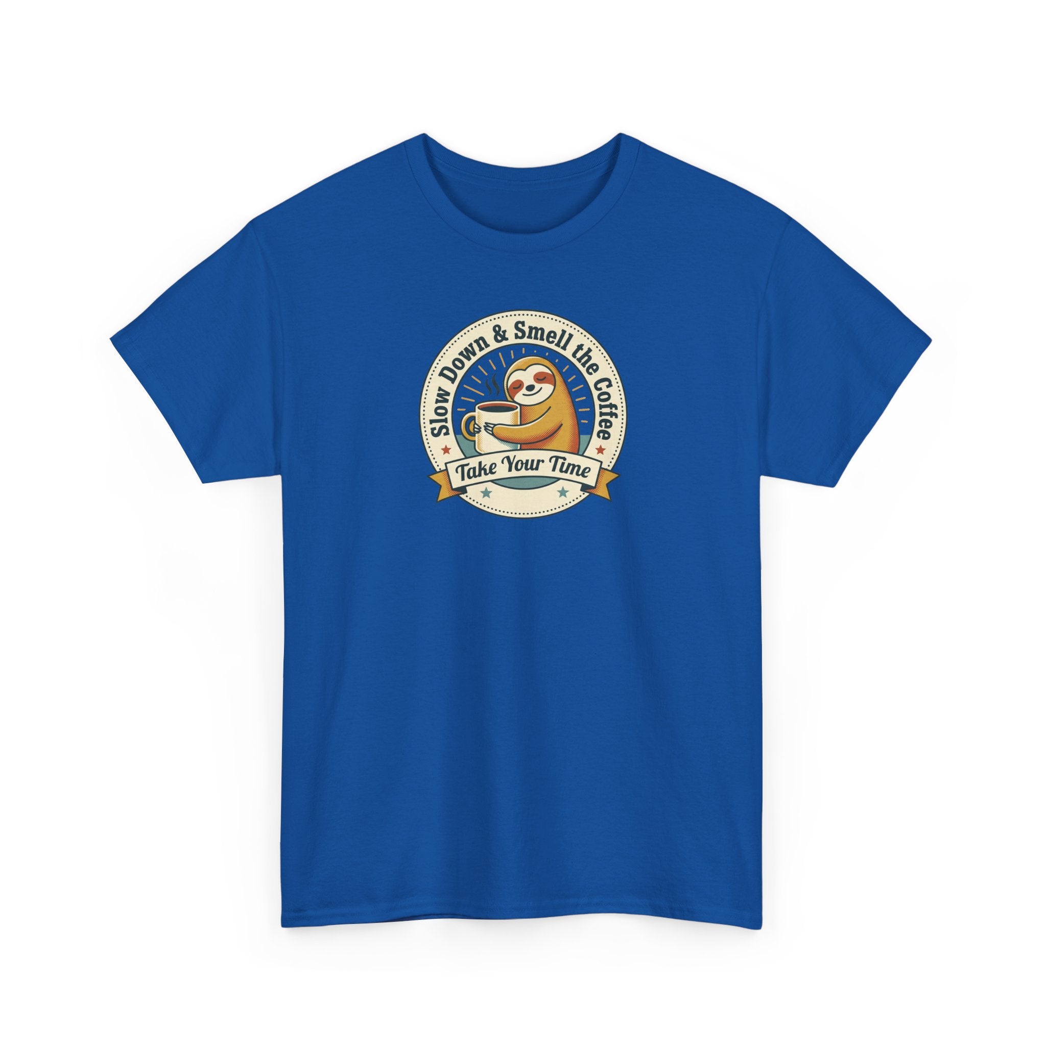 Royal blue T-shirt with coffee sloth emblem graphic on chest