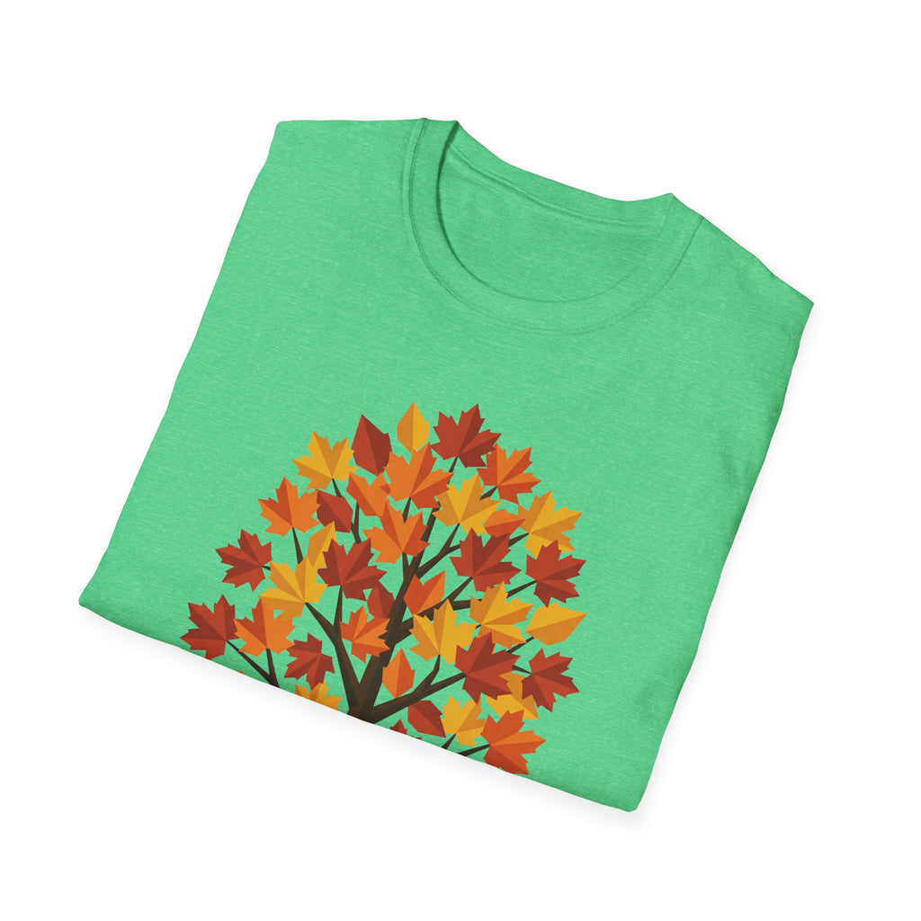 Autumn Maple T-Shirt, green: Vorderseite mit Herbstlaub-Baum Grafik in warmen Farben