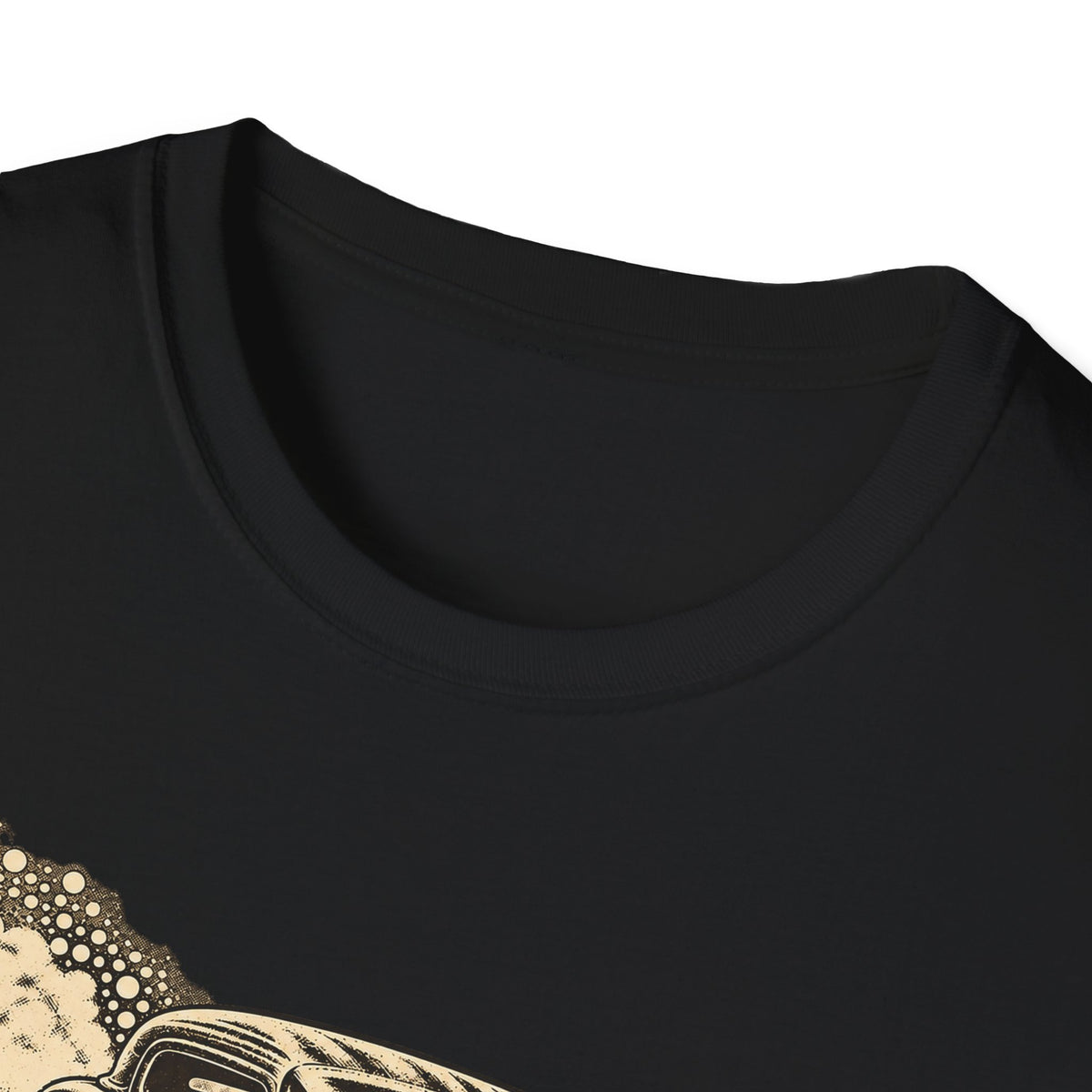 Black hot rod T-shirt crew neck collar close-up