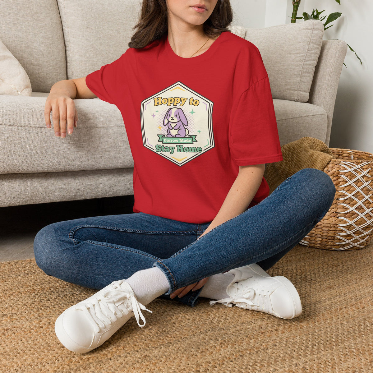 Red crew-neck unisex t-shirt with bunny Stay Home graphic