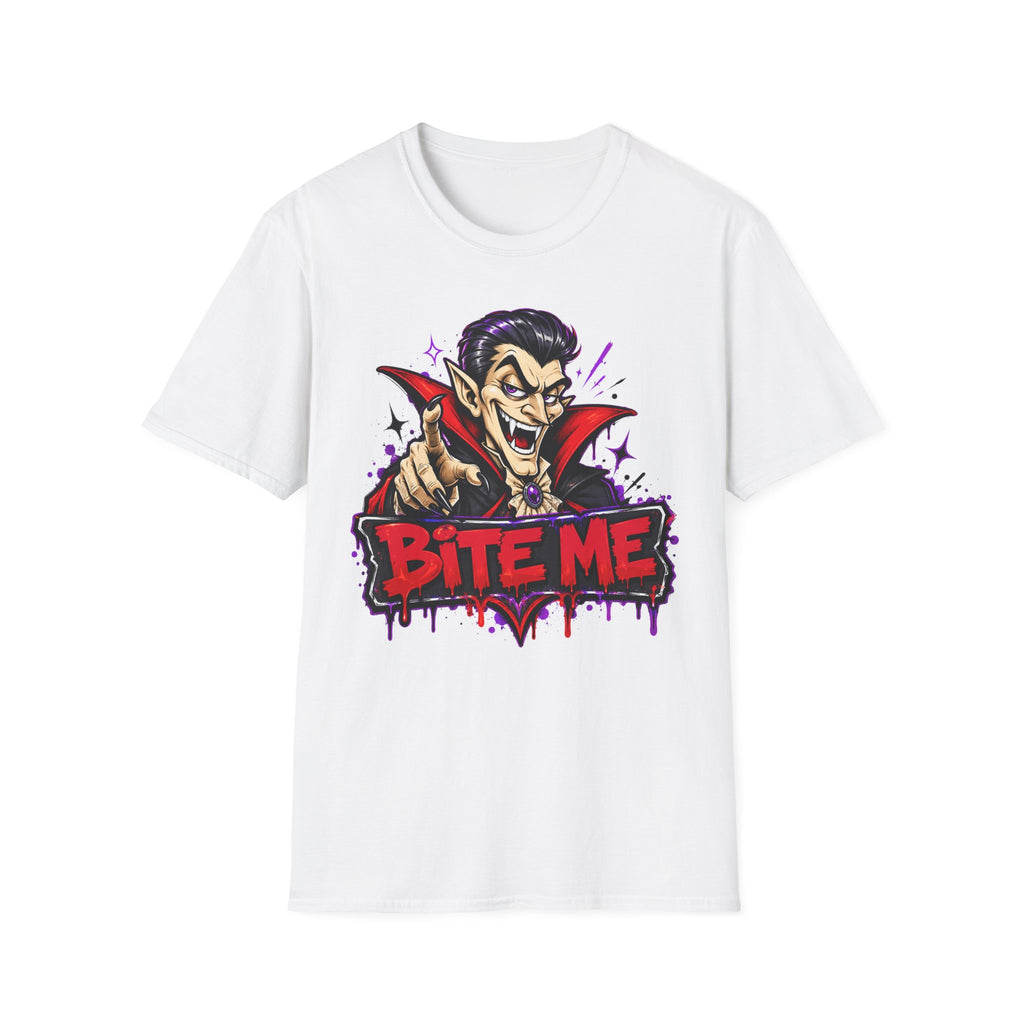 White t-shirt with vampire bite graphic on the front
