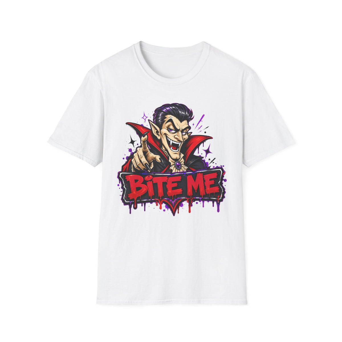 White t-shirt with vampire bite graphic on the front