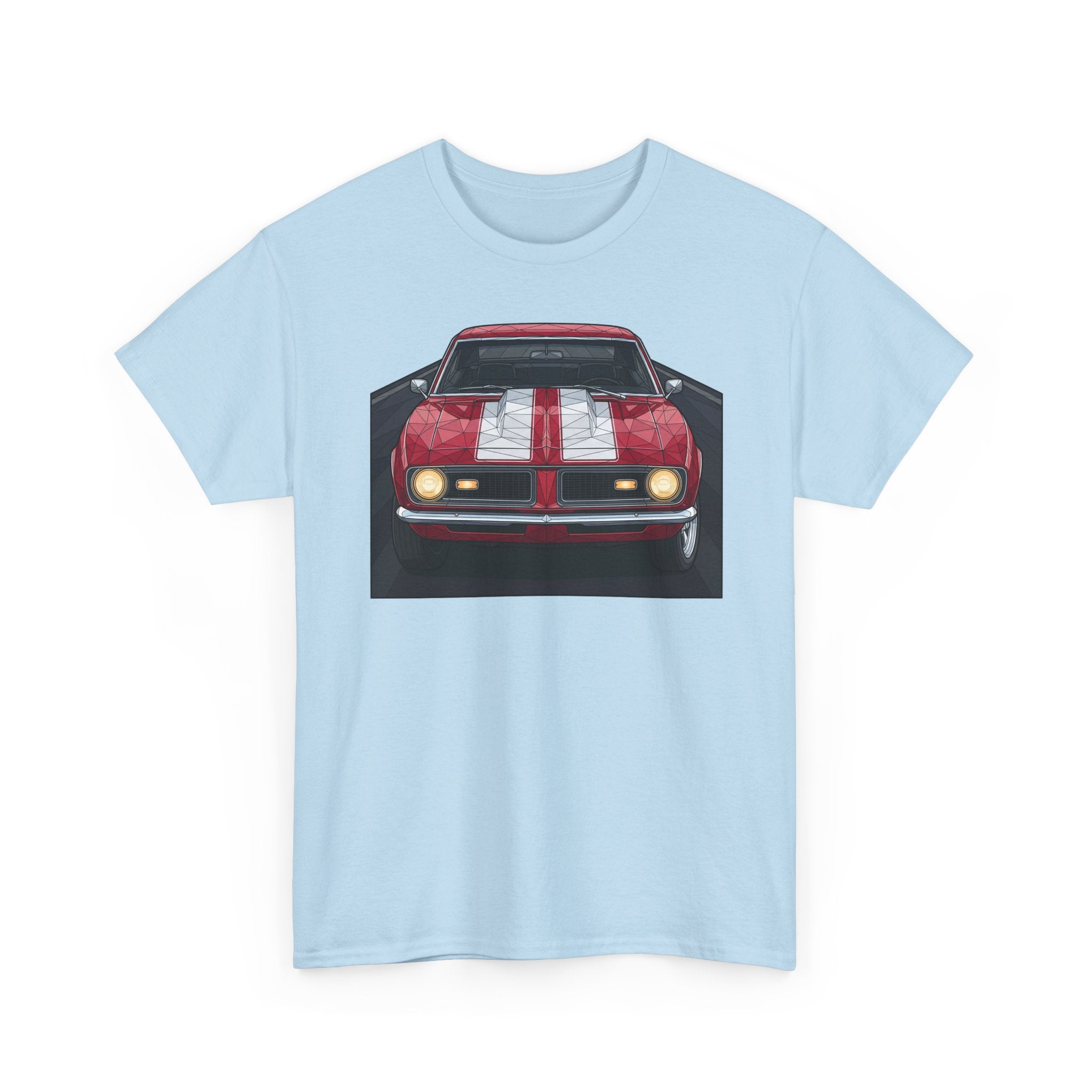 Light blue T-shirt with vintage front red muscle car illustration on the chest