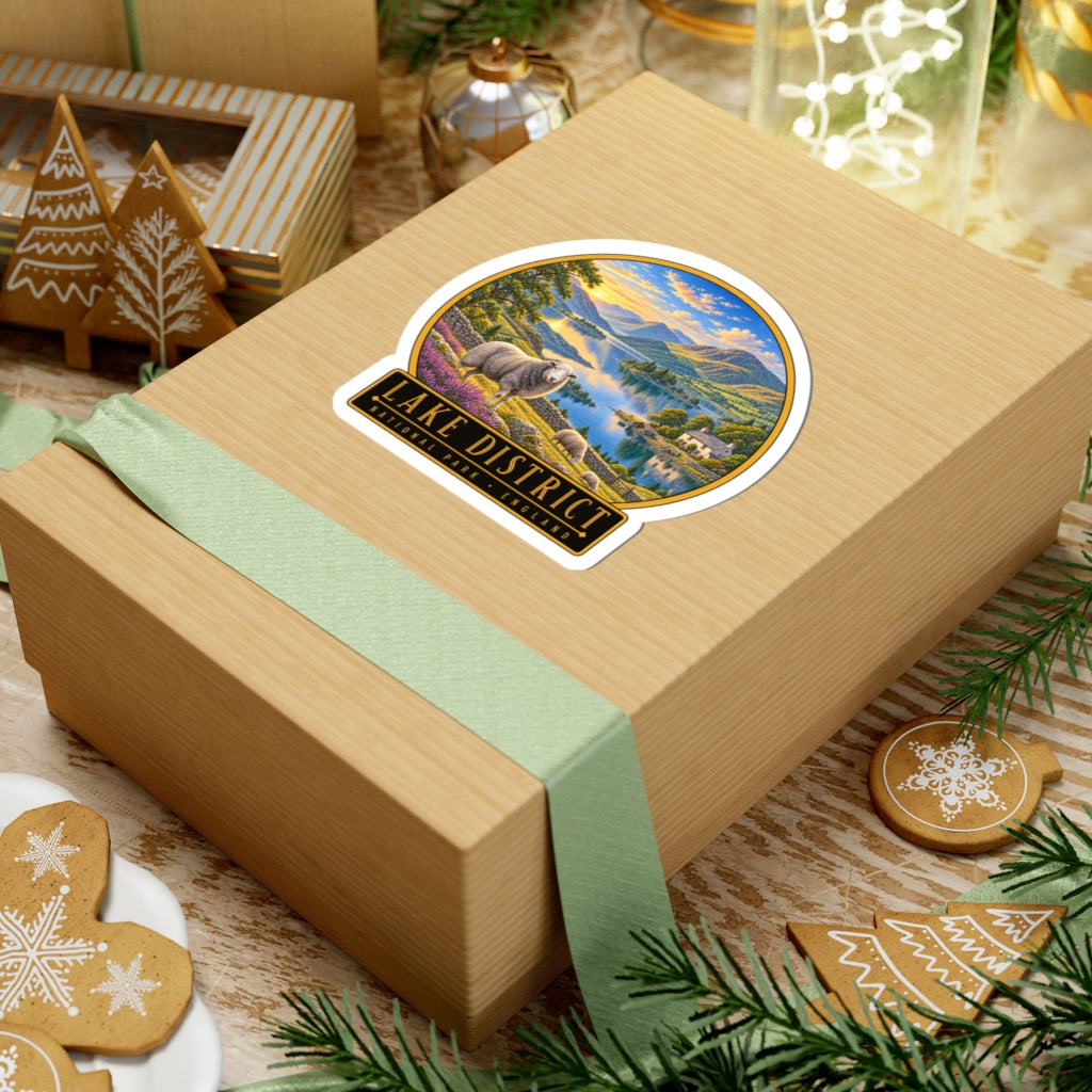 Lake District vinyl sticker on gift box showing sheep, lake landscape, and “Lake District National Park England”