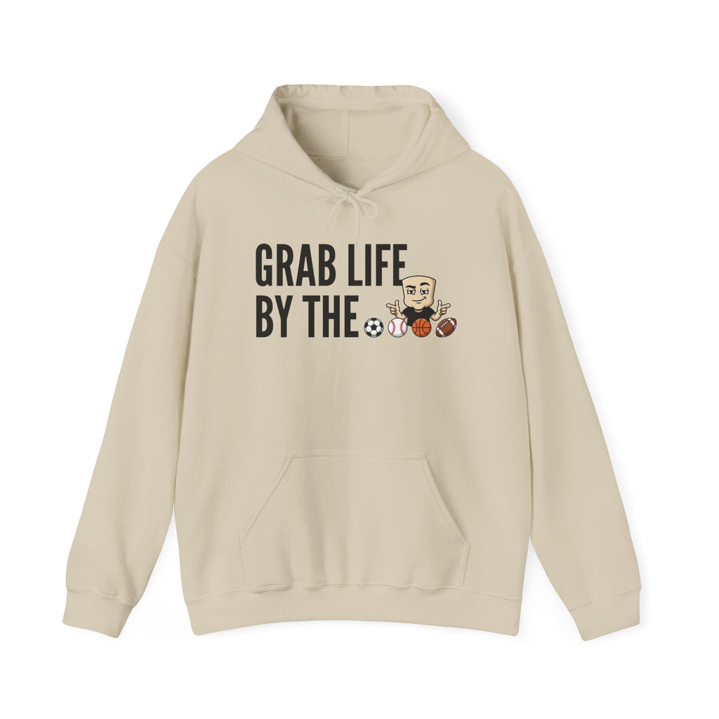 Beige hoodie with front pocket and drawstring; "GRAB LIFE BY THE" sports graphic