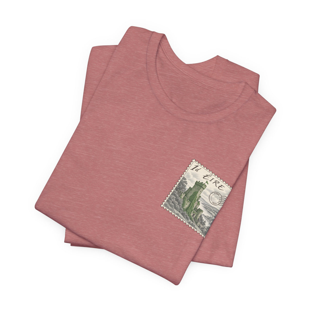 Heather mauve T-shirt with small vintage postage-stamp graphic on chest