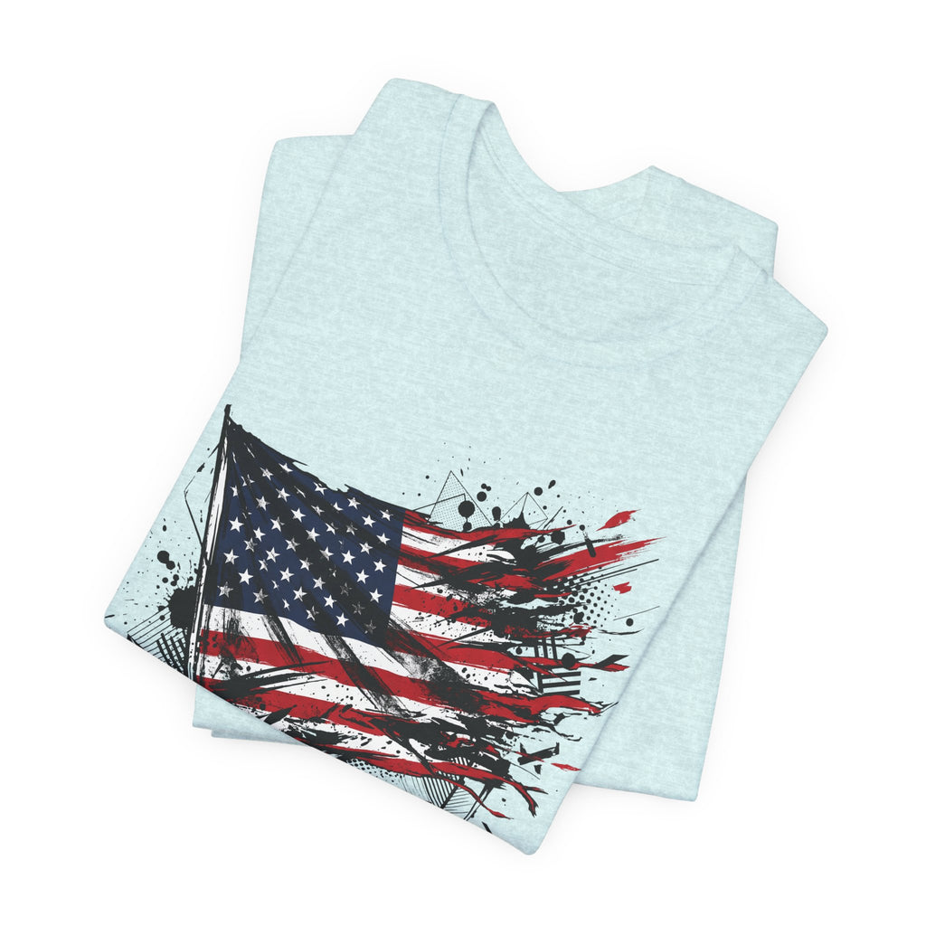 Light blue T-shirt stack with distressed American flag graphic