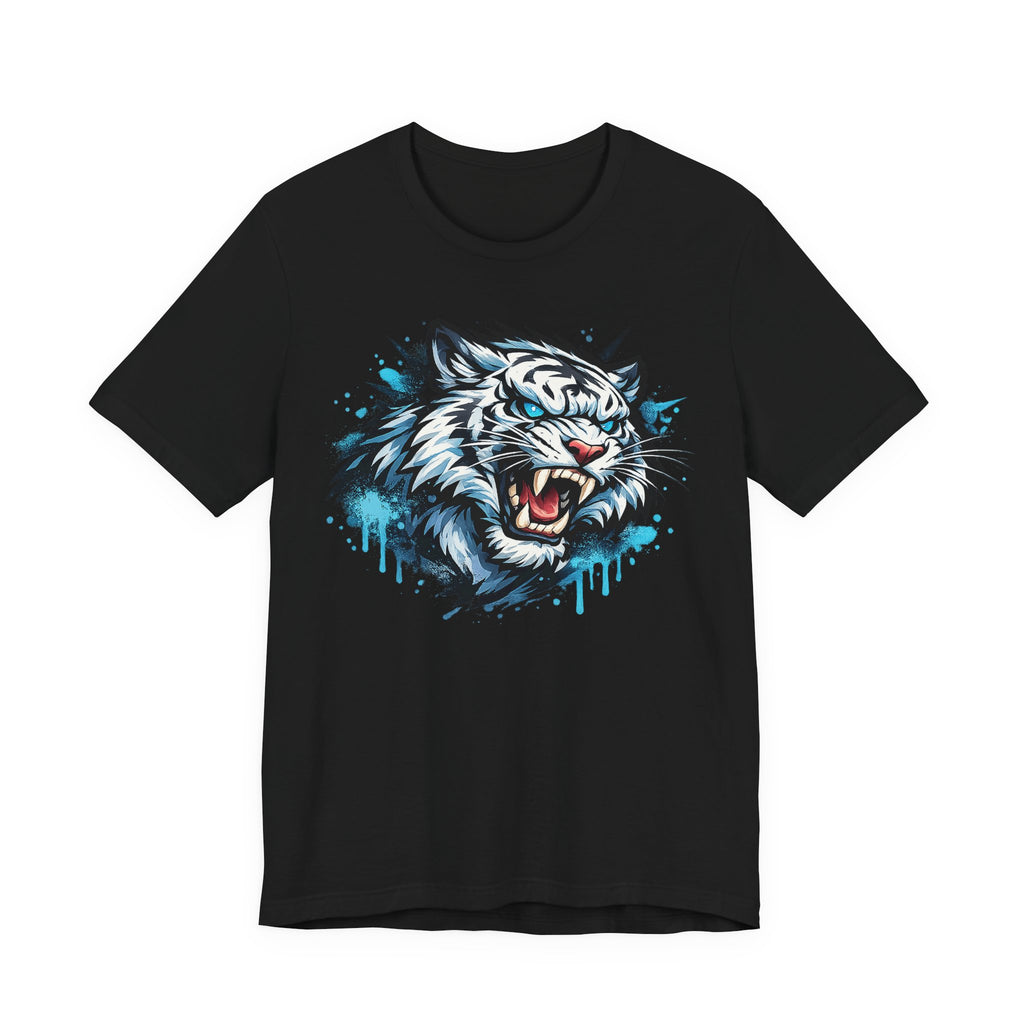 Black unisex t-shirt with roaring tiger head graphic and blue drip print