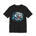 Black unisex t-shirt with roaring tiger head graphic and blue drip print
