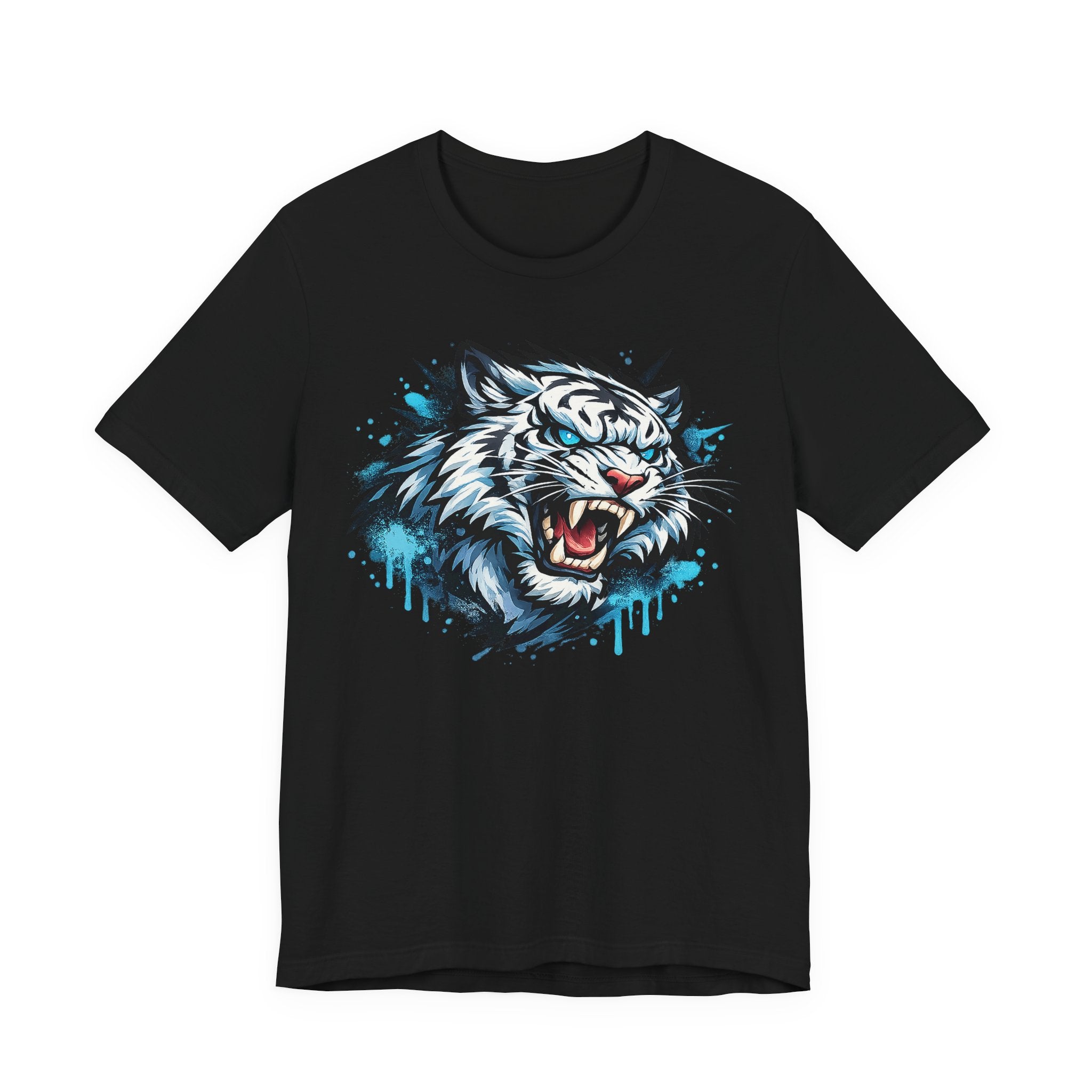 Black unisex t-shirt with roaring tiger head graphic and blue drip print