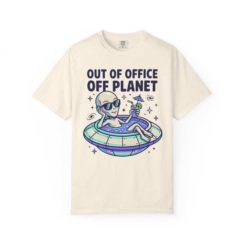 Ivory alien floatie T-shirt with “OUT OF OFFICE OFF PLANET” graphic on front