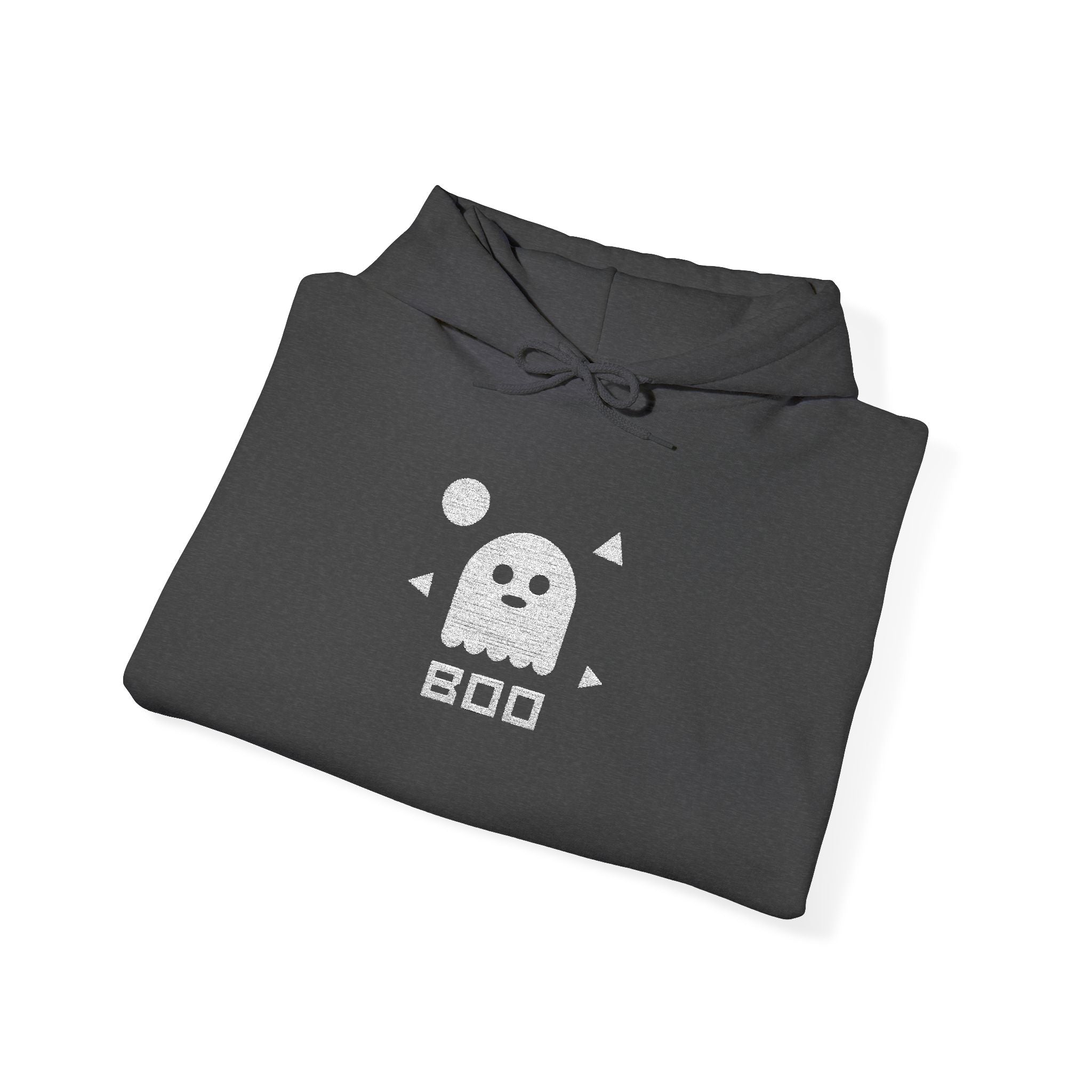 Black hoodie with white ghost BOO graphic on front, hooded pullover