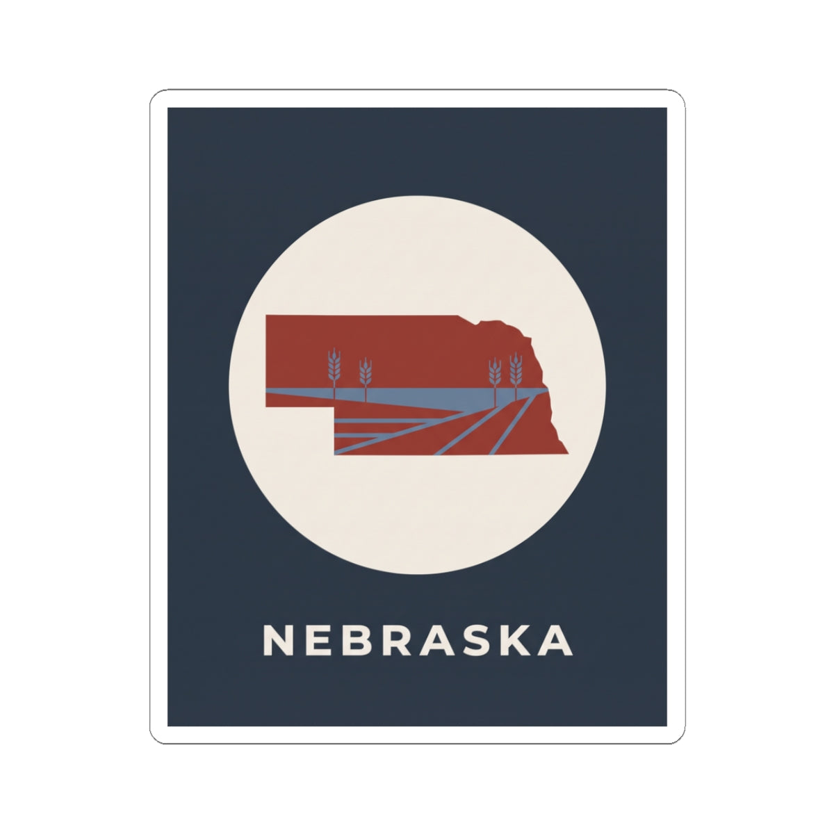 Nebraska sticker with navy square, white circle, red state map and “NEBRASKA” text