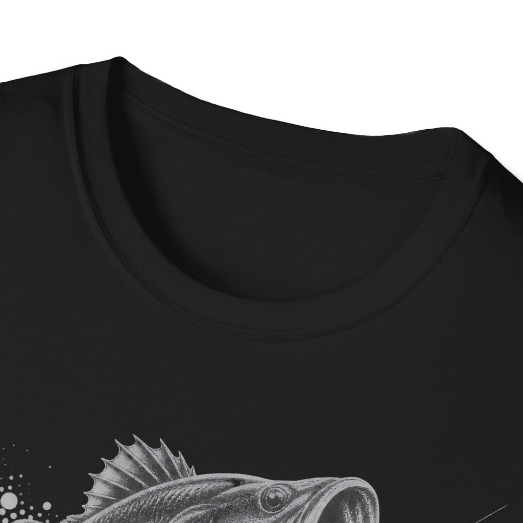 Black crew-neck T-shirt with fish graphic detail near the neckline