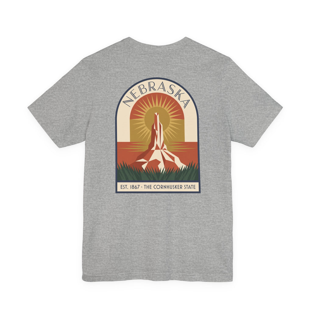 Nebraska art deco T-shirt, heather gray with Cornhusker sunrise graphic