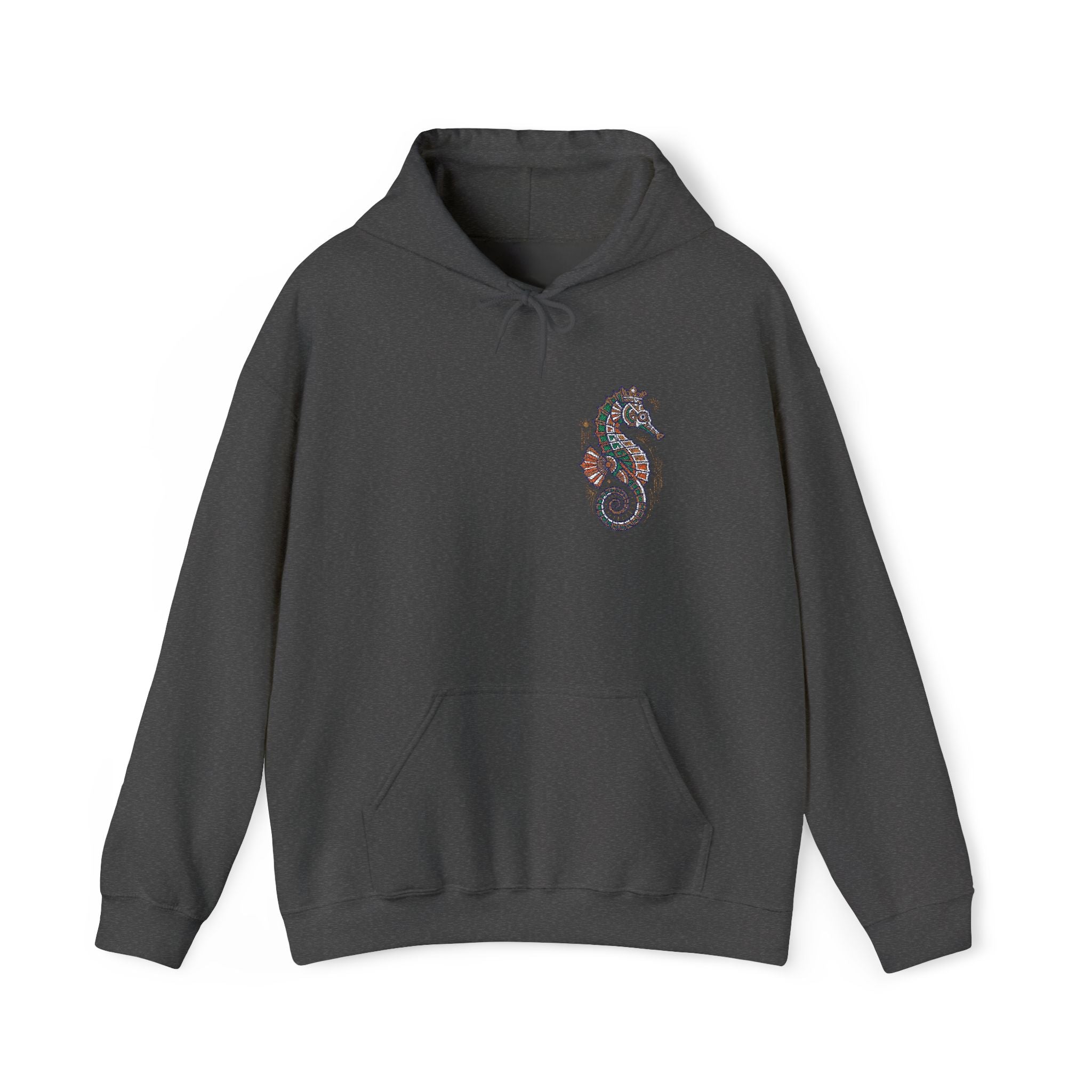 Dark charcoal seahorse floral hoodie with front pocket and drawstring hood