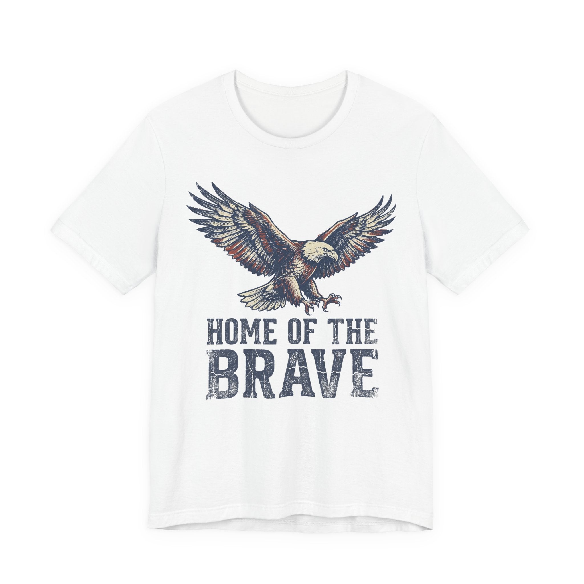 White T-shirt with bald eagle graphic and “Home of the Brave” text