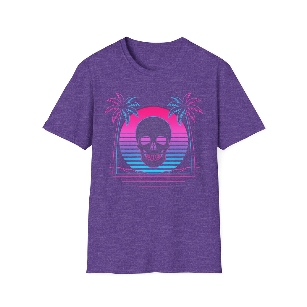 Heather purple T-shirt with vaporwave skull graphic, palm trees and sunset arch design