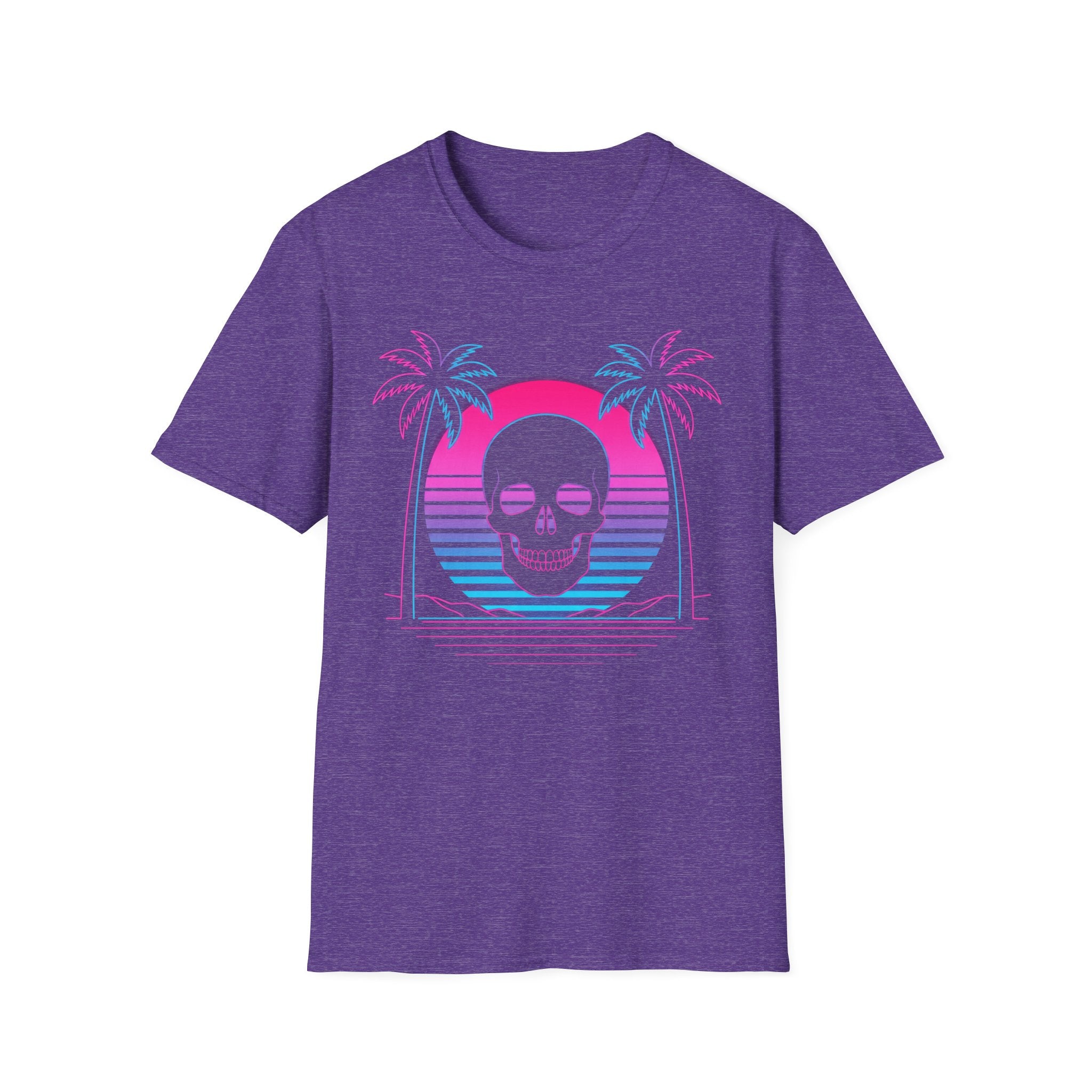 Heather purple T-shirt with vaporwave skull graphic, palm trees and sunset arch design