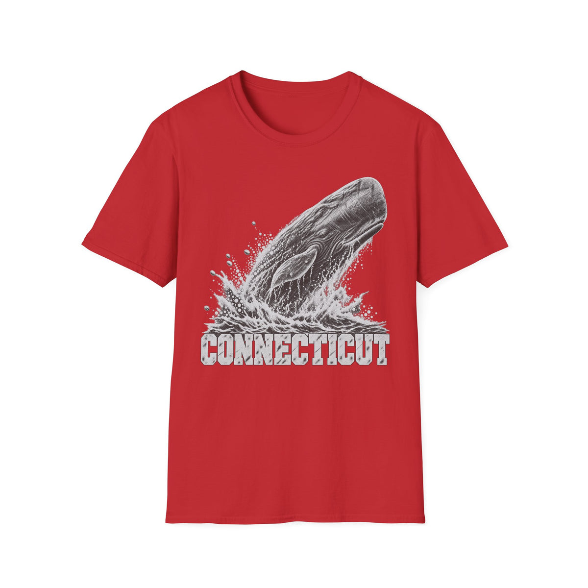 Red t-shirt with gray breaching whale splash graphic and “Connecticut” text