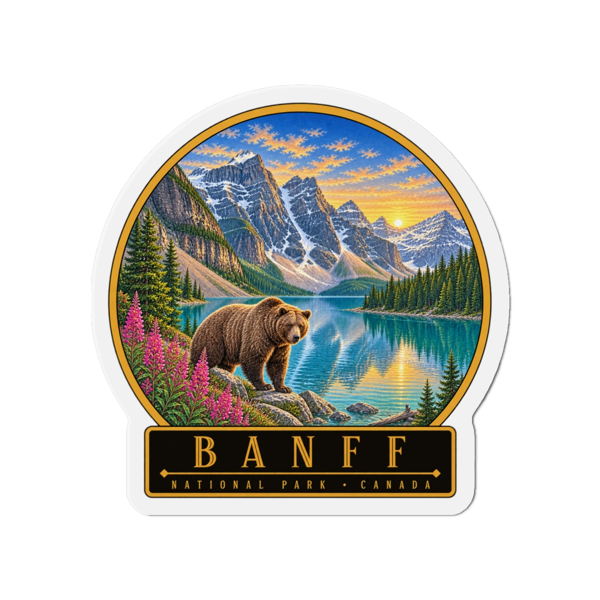 Die-cut magnet with grizzly bear over glacial water, starry sky, and BANFF nameplate