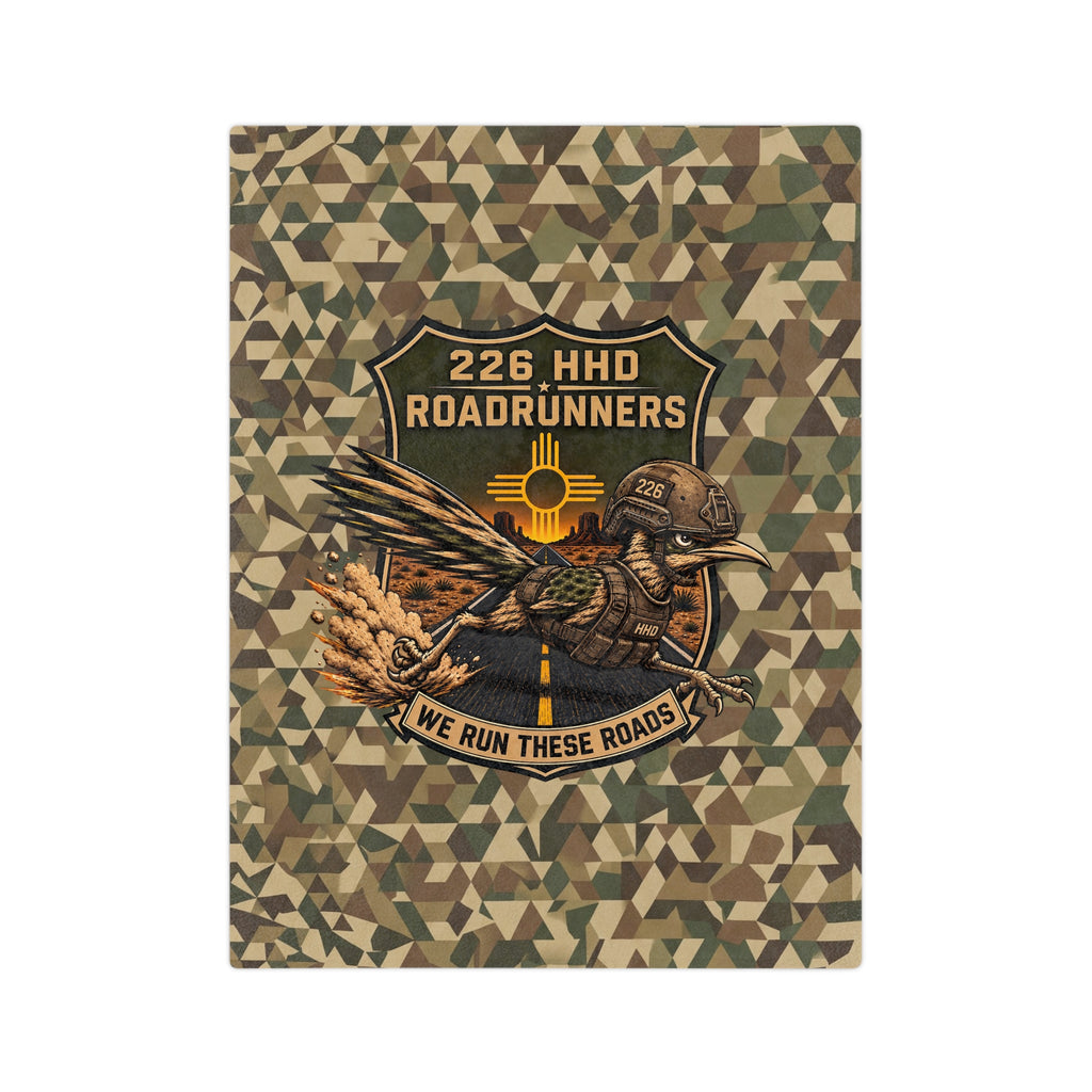 Camo microfiber blanket with eagle-and-patch graphic and “We Run These Roads” banner