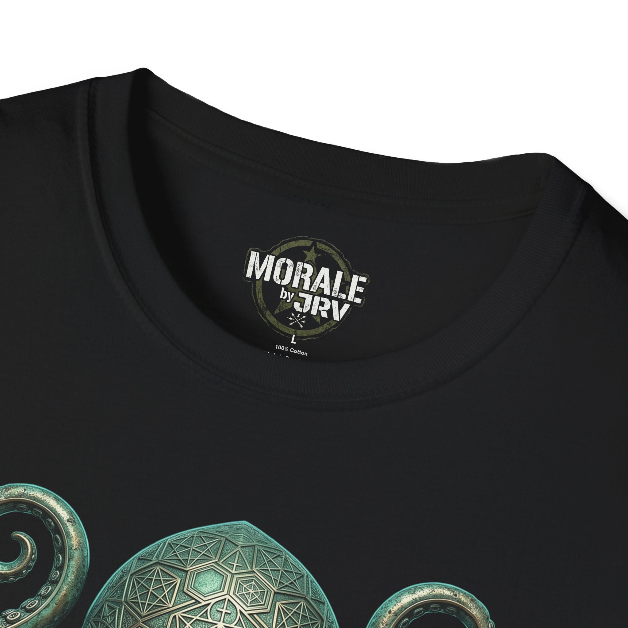 Crew neck with “MORALE by JRVI” logo on black T-shirt