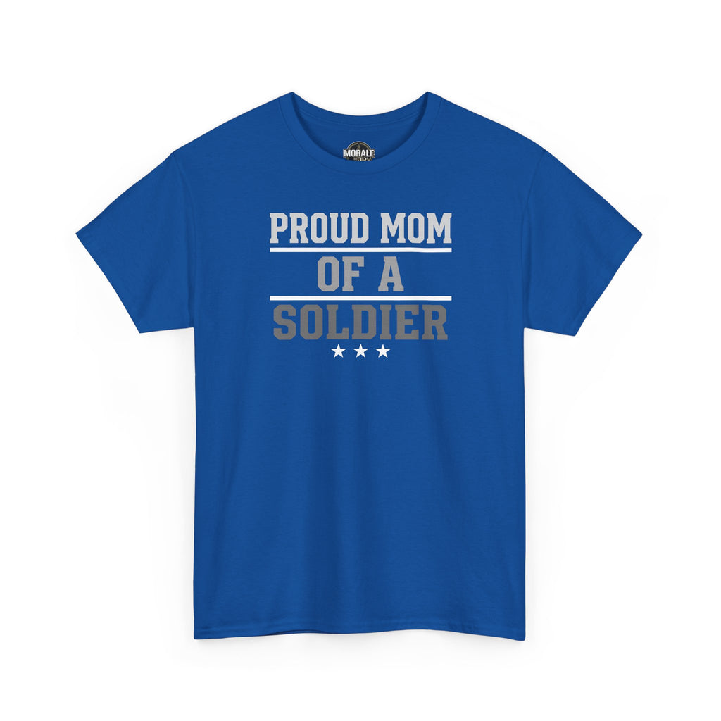 Royal blue T-shirt with 'PROUD MOM OF A SOLDIER' graphic (front view)