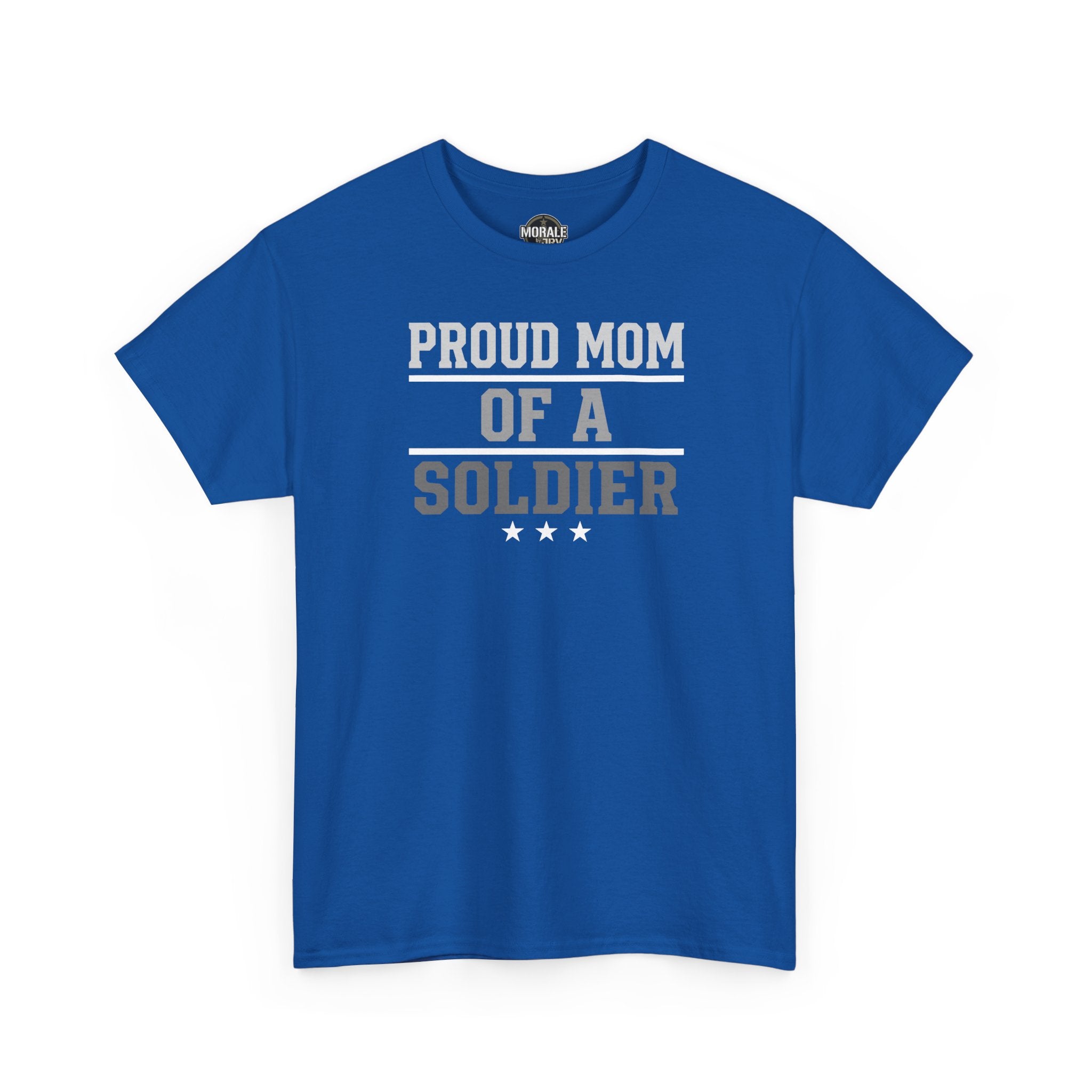 Royal blue T-shirt with 'PROUD MOM OF A SOLDIER' graphic (front view)