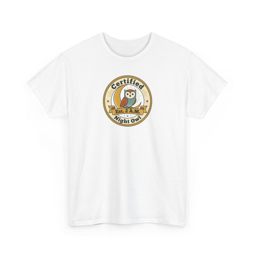 White crewneck T-shirt with round owl badge graphic on the chest