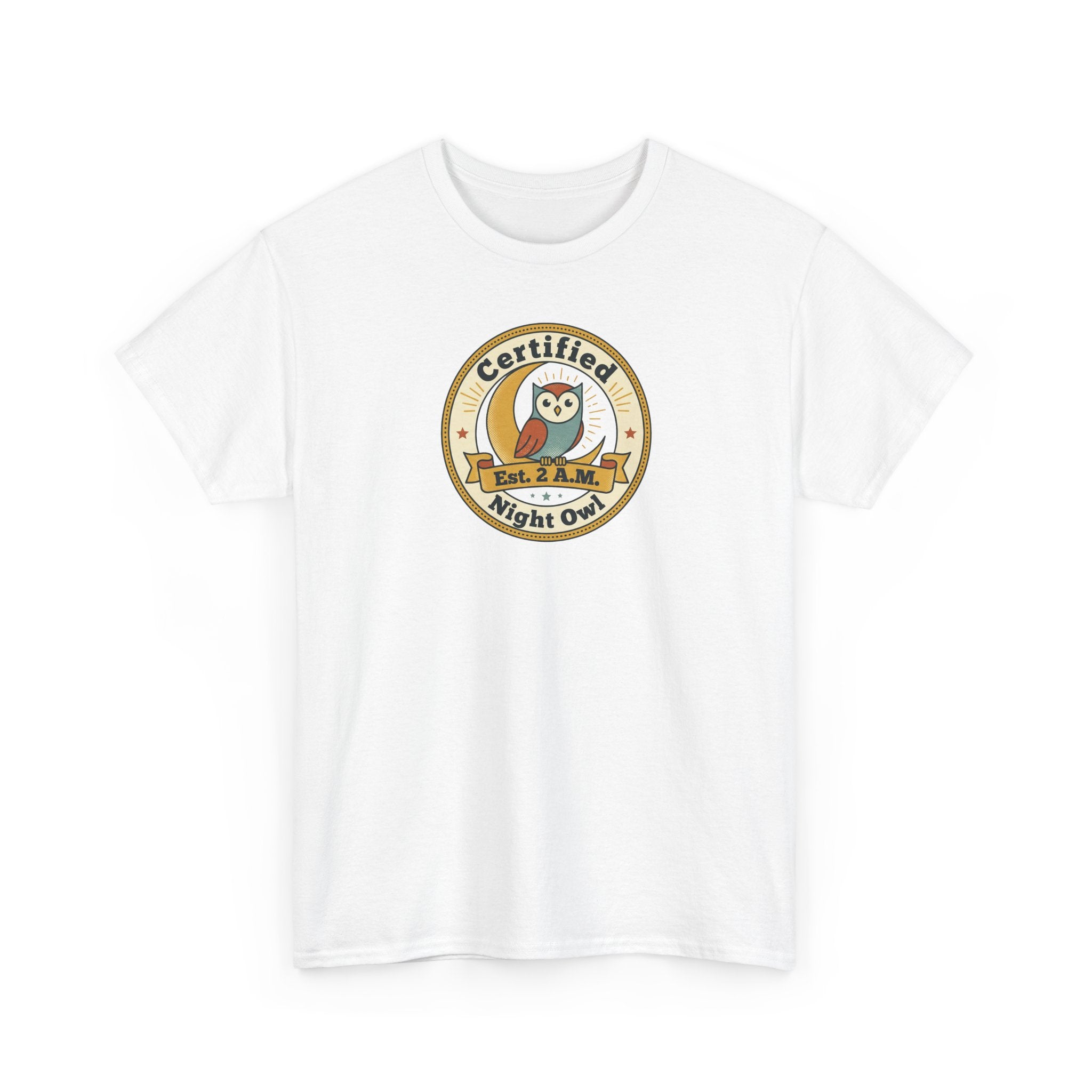 White crewneck T-shirt with round owl badge graphic on the chest
