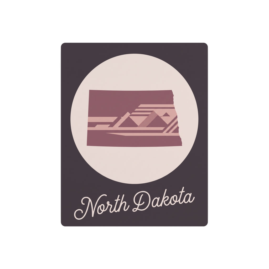 North Dakota metal wall art sign with mauve state silhouette and cursive text on dark panel