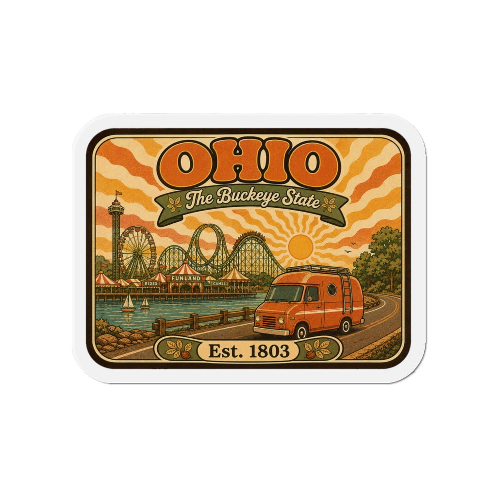 Rounded Ohio die-cut magnet with “OHIO” title, orange van, and “Est. 1803” text strip.