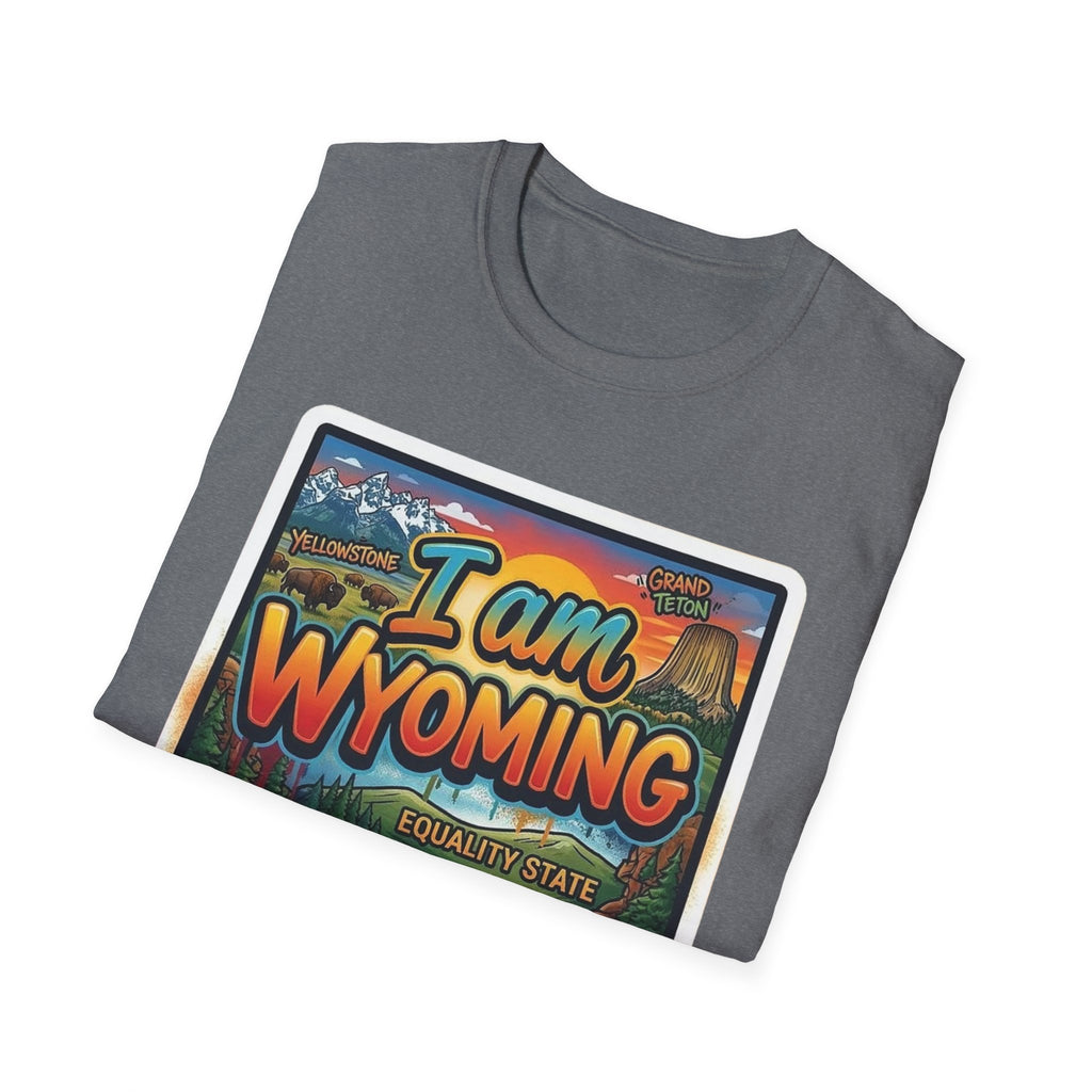 Heather grey T-shirt with colorful “I am Wyoming” postcard graphic