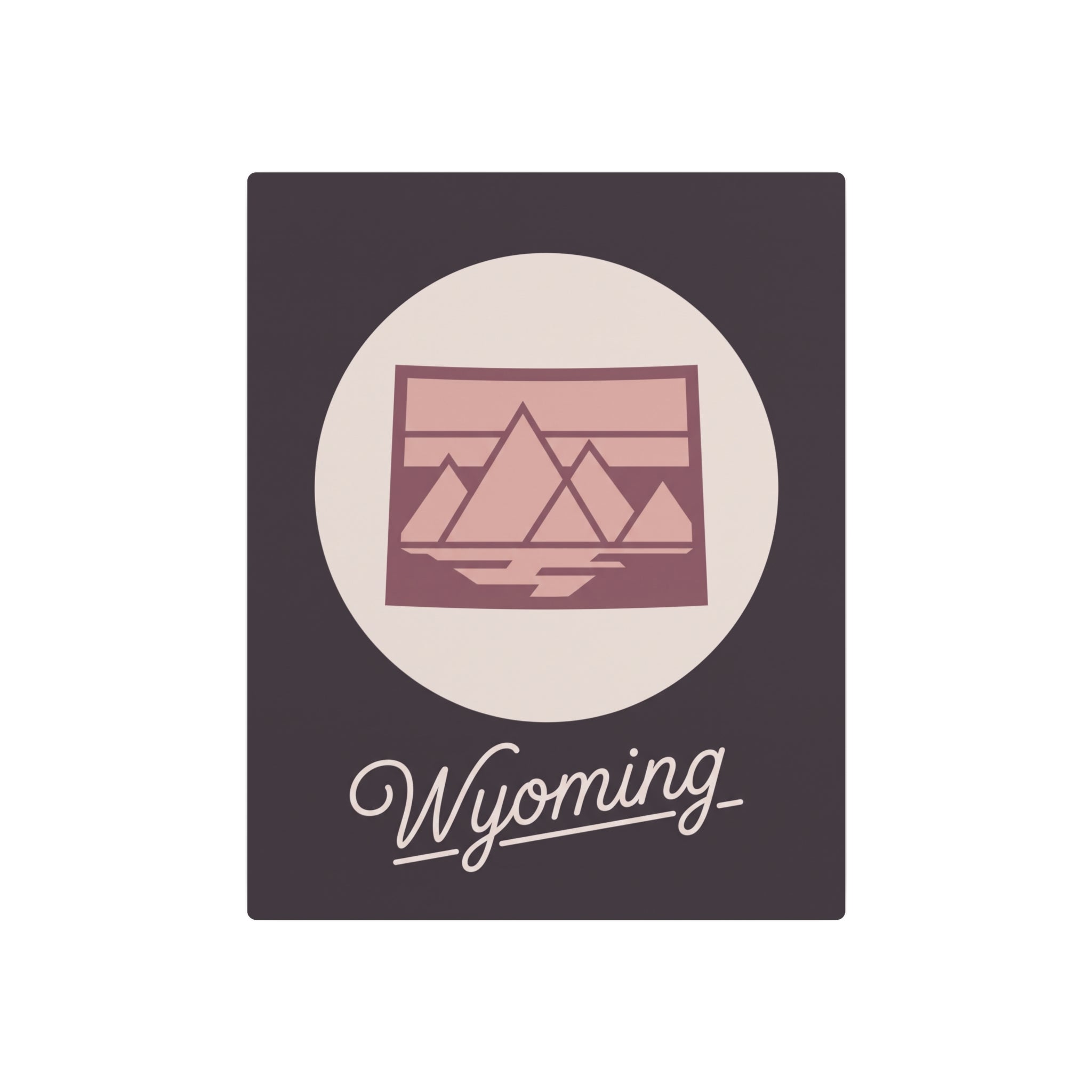 Square mauve metal wall art featuring oval landscape graphic and cursive “Wyoming”
