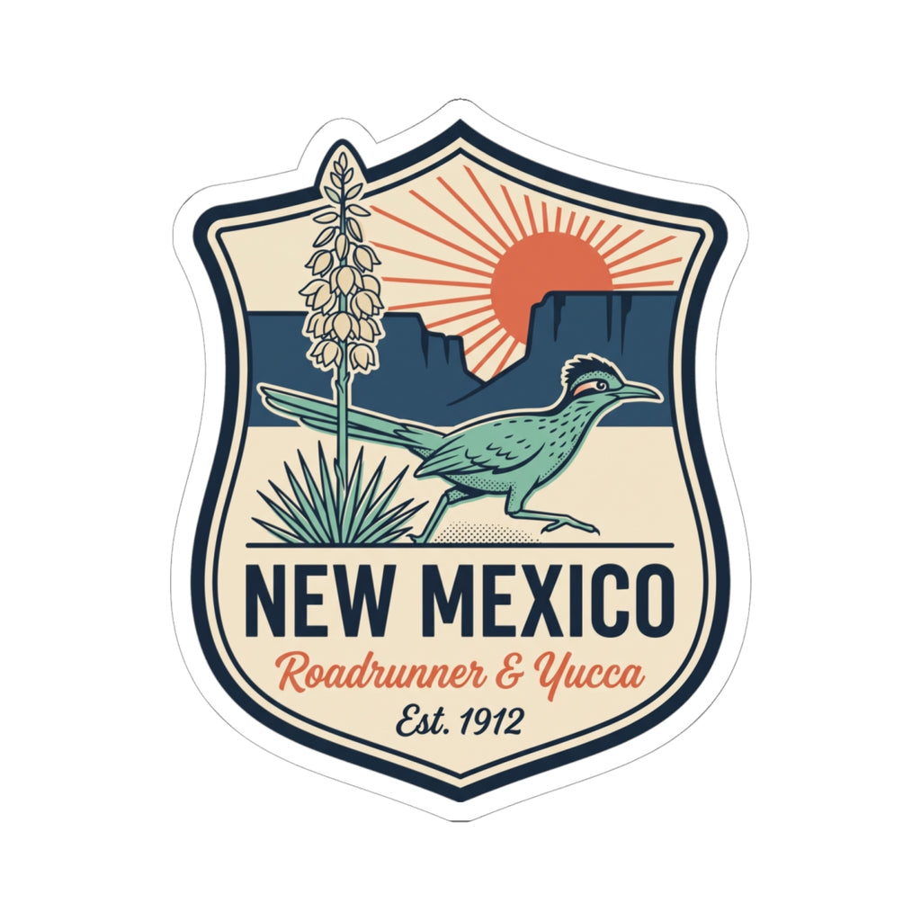 Shield-shaped state sticker with roadrunner in a desert scene and “NEW MEXICO” text