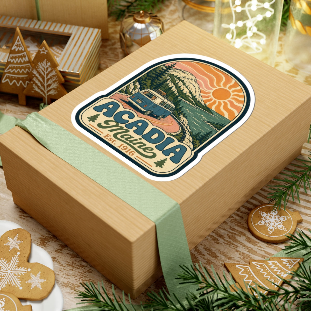 Acadia Maine sticker on wrapped gift, vintage camper van, pine hills, orange sun, Est. 1916