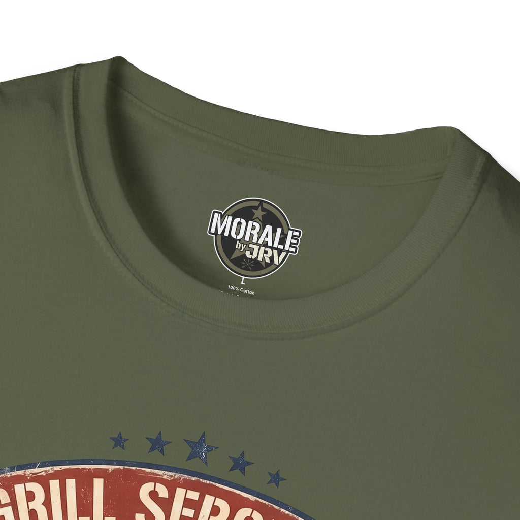 Military green t-shirt neckline with circular "Morale by Driv" logo and printed stars