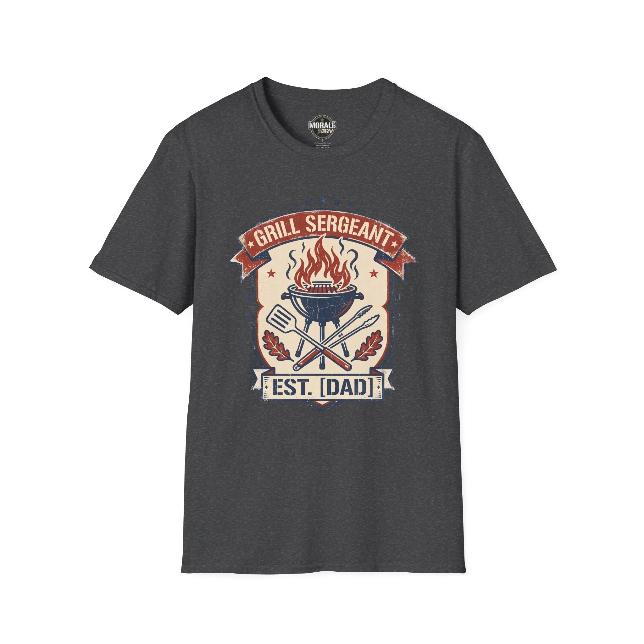 Dark heather Grill Sergeant BBQ T-shirt with flaming grill and EST. [DAD] badge graphic