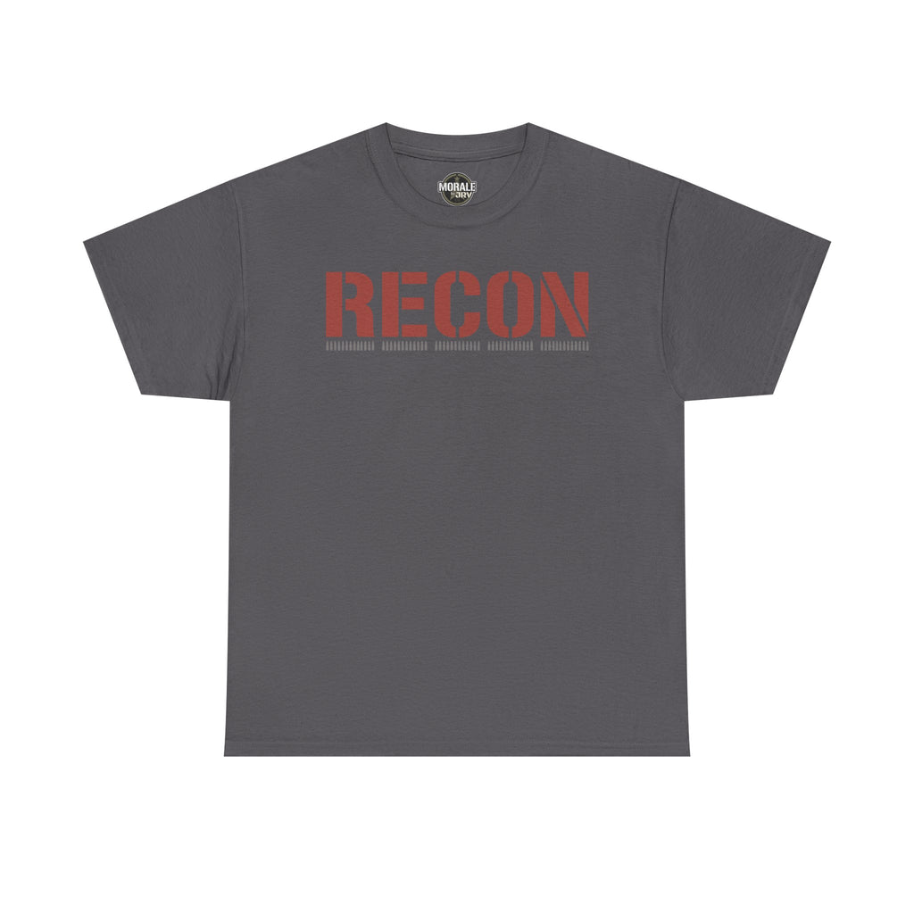 Charcoal unisex graphic T-shirt with large 'RECON' stencil logo on chest