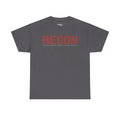 Charcoal unisex graphic T-shirt with large 'RECON' stencil logo on chest
