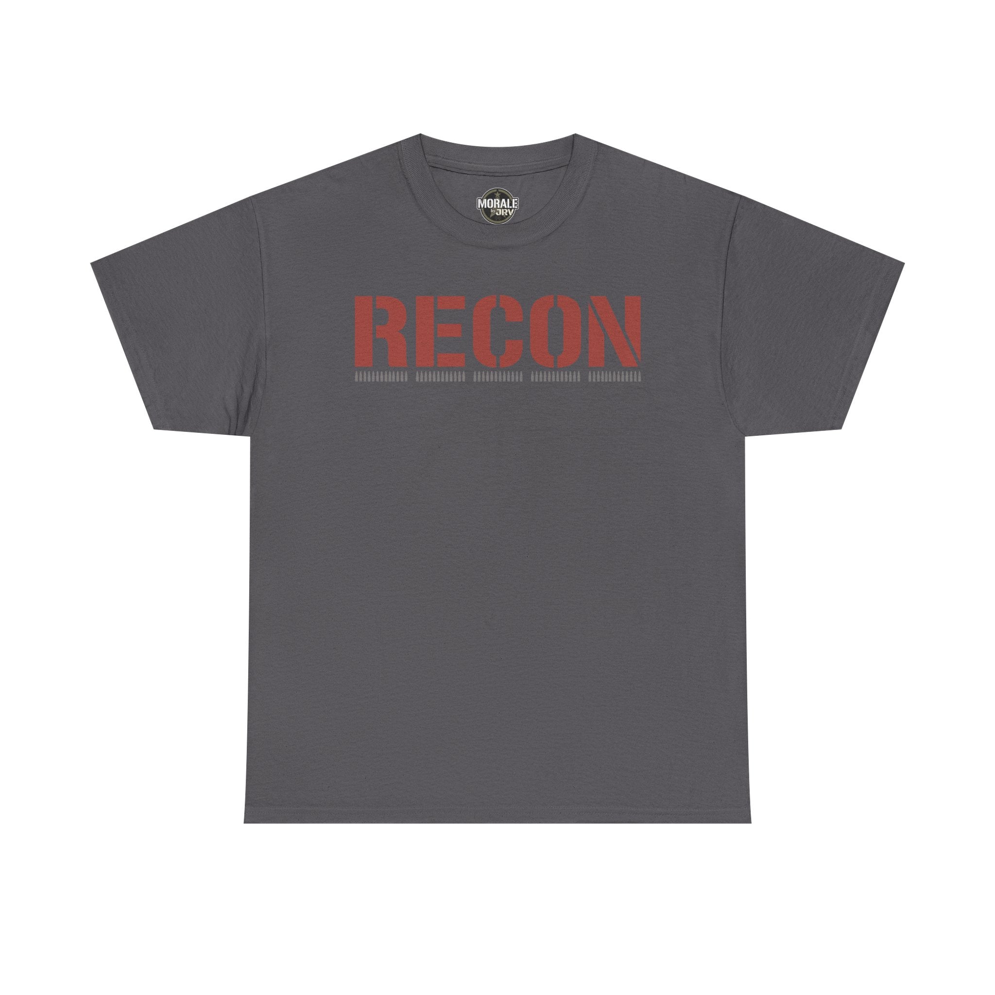 Charcoal unisex graphic T-shirt with large 'RECON' stencil logo on chest