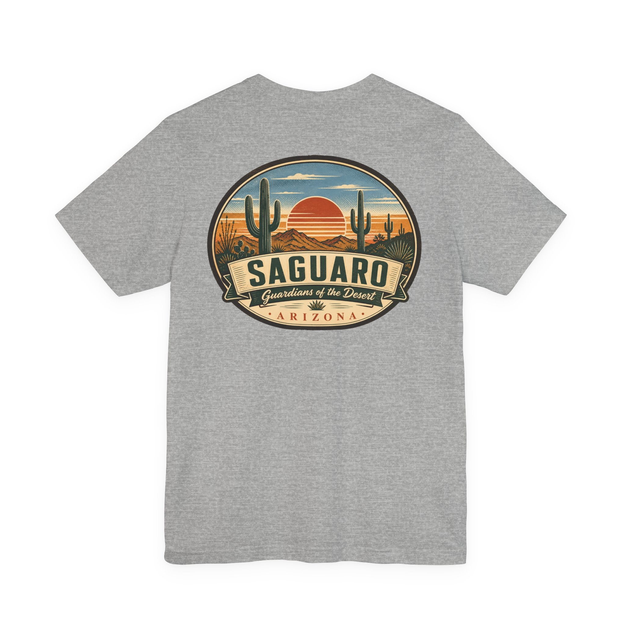Gray t-shirt with circular Saguaro cactus desert graphic on the chest