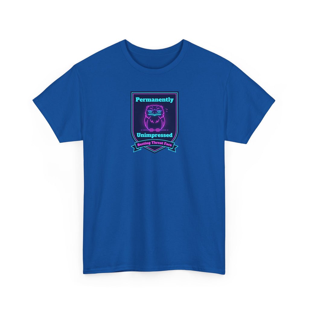 Royal blue crewneck tee with “Permanently Unimpressed” robot badge graphic on front.