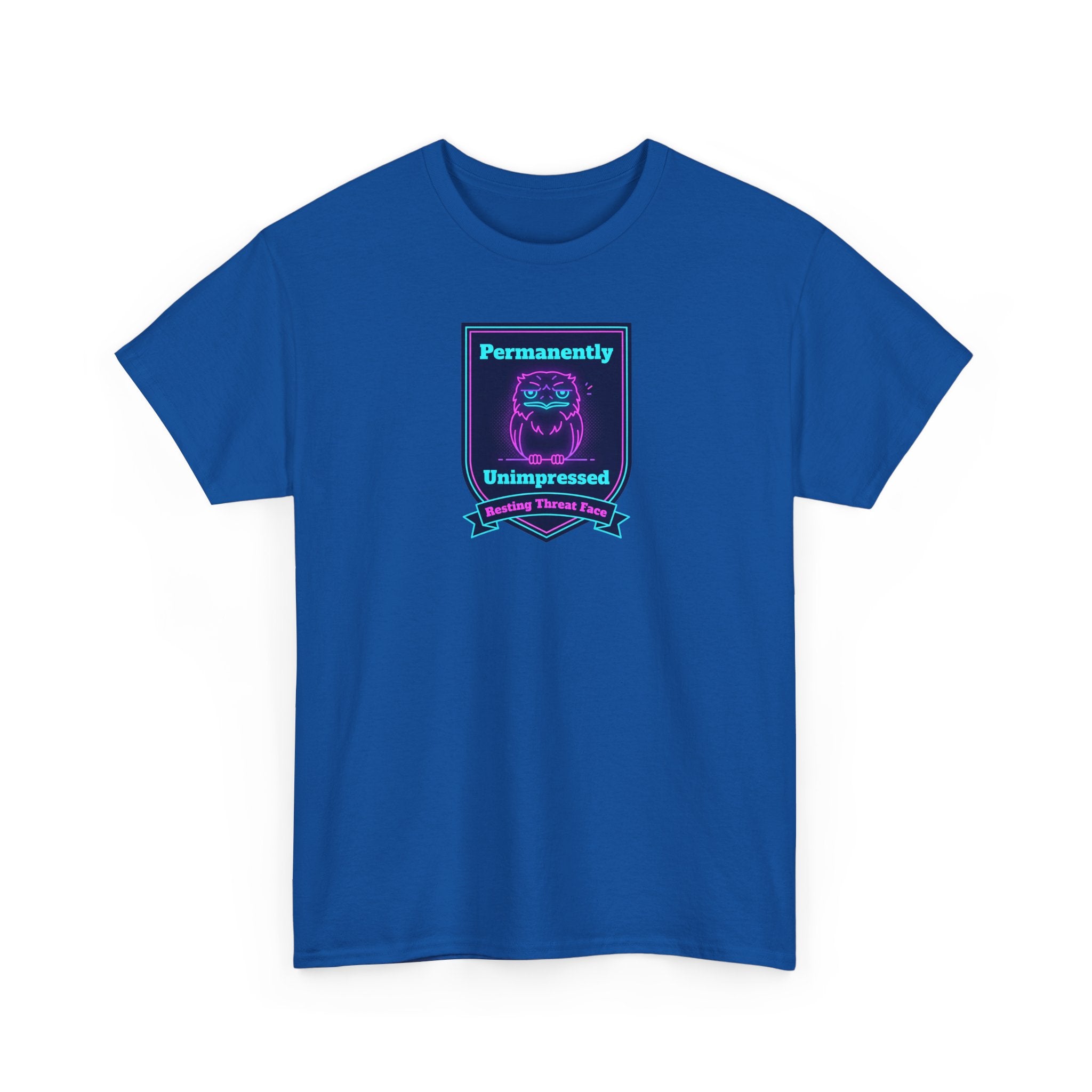 Royal blue crewneck tee with “Permanently Unimpressed” robot badge graphic on front.