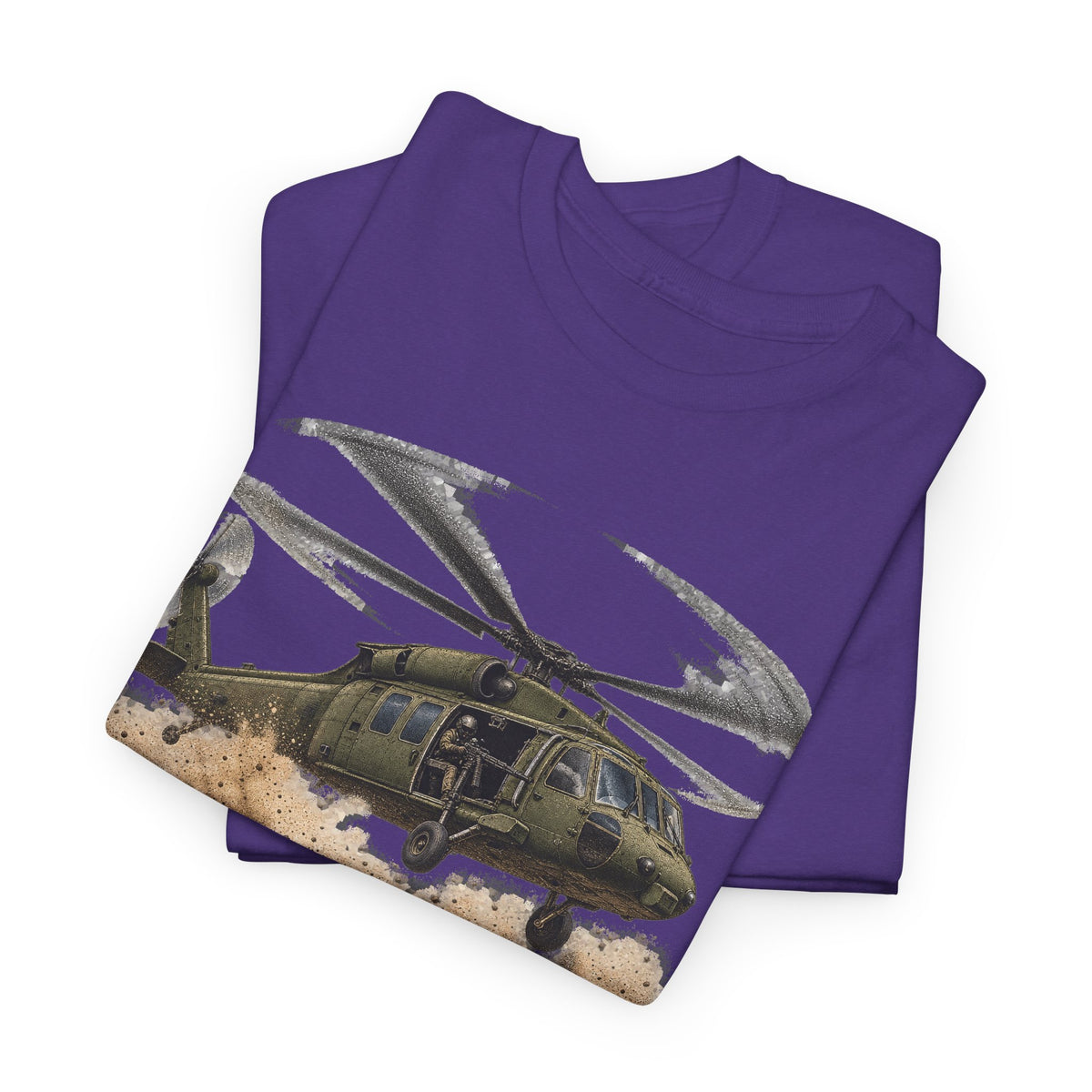 Purple crewneck T-shirt with front helicopter graphic in olive and gray