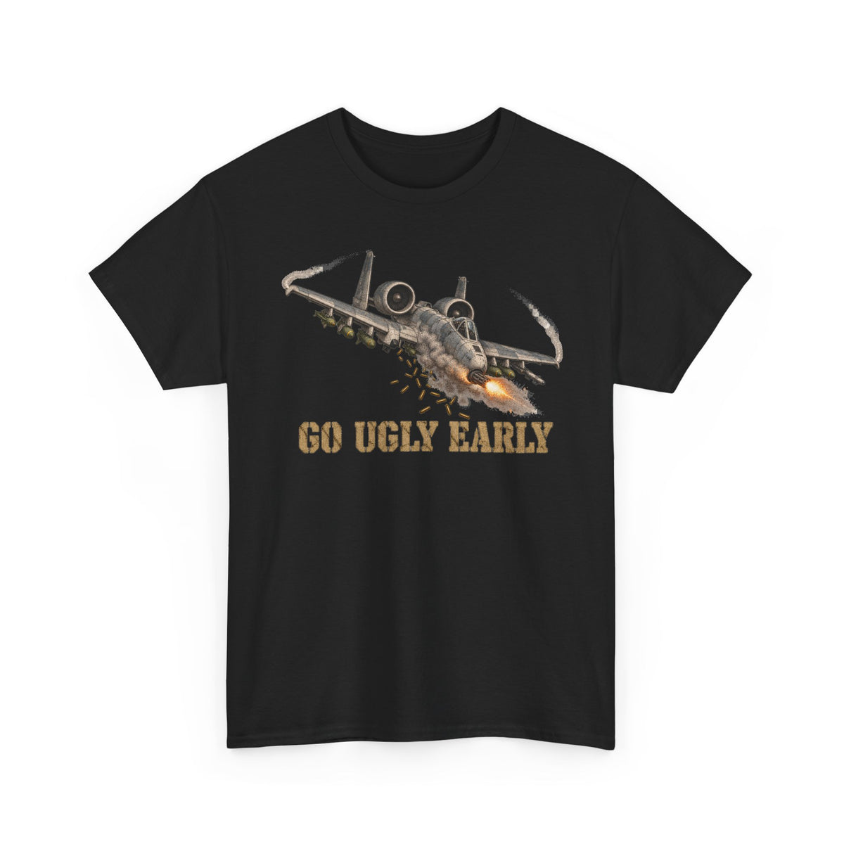 Black jet attack graphic T-shirt with “Go Ugly Early” text and aircraft illustration.