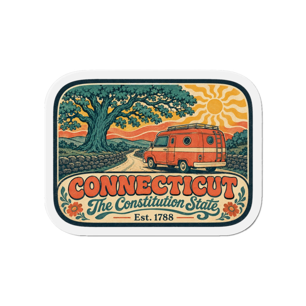 Rounded die-cut magnet showing orange camper van, sunset hills, and The Constitution State text